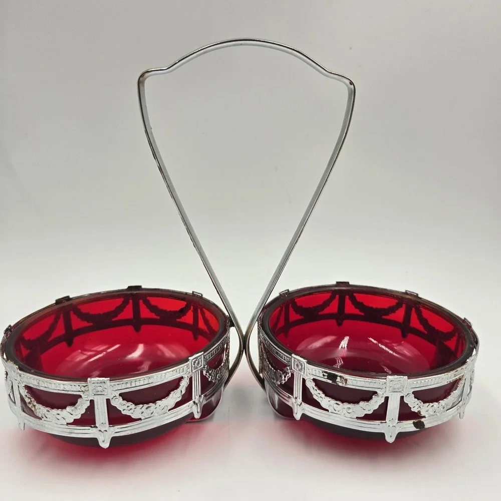 VTG MCM Red Amberina Glass Bowls Chrome Condiment Caddy Swag of Roses Ruby Red